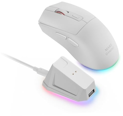 Mars Gaming MM-T3, Ratón Inalámbrico Ligero, Bluetooth 5.0 + 2.4GHz + Cable, Sensor Óptico PIXART PAW3104PRO 14400 dpi, Base de Carga Magnética RGB, Switches Huano, Software de Control, Blanco