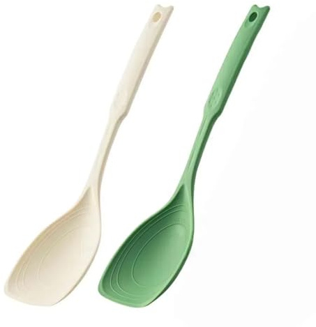 Armrouns Large Silicone Cooking Spoon 2PC, 12 -inch Non-Stick Spoonula set Deep Bolw & Measurement Mark for Mixing,Serving, Scooping, Scraping, Kitchen Utensils Spoons (White & Green)