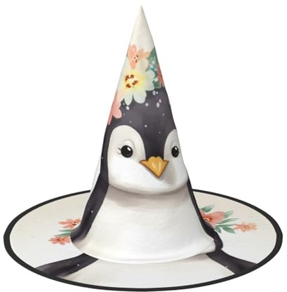 1 chapeau de sorcière pour Halloween, pingouin portant des fleurs, chapeau de sorcière, chapeau flottant pour homme et femme, accessoires de costume d'intérieur ou d'extérieur, décorations d'Halloween