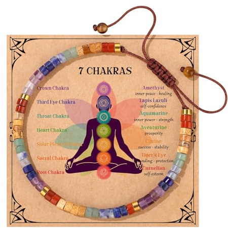 RhiVrillion Pulsera de 7 Chakras con Piedras Naturales - Hecha a Mano, Ajustable 14.7-24.1 cm, Banda de Algodón para Yoga, Meditación y Equilibrio - Regalo Espiritual para Hombre y Mujer