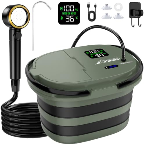 WADEO 2026 Nueva Ducha de Camping con Bomba integrada [13 000 mAh] y Cubo de Agua Plegable, 5 Niveles de Velocidad y 4 Tipos de Chorro, para Acampada, Autocaravana, Mascotas, Playa y jardín (Verde)