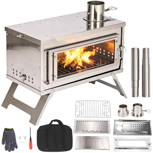 Camp Eld, Tältugn, rostfritt stål tält med öppen spis, bärbar vedspis med bärväska och askerost, högtemperaturbeständig träspis för camping i tält, utomhusmatlagning och trädgårdsaktiviteter