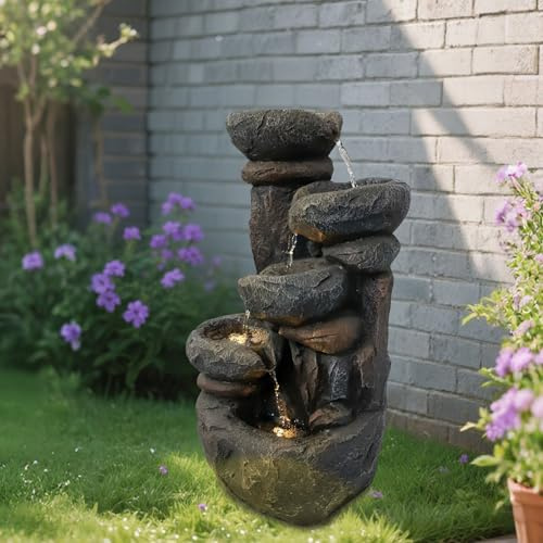 5-Tier water Fountain Outdoor Garden with LED Lights, 20 inches outdoor Garden Fountain for Patio, Garden Fountains Outdoor, Mains Powered, 5m Cable, (Stone Pile)