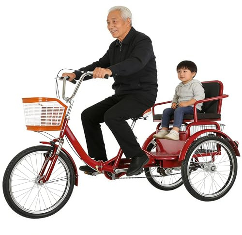 Tandem trehjuling för vuxna 20 tum, 3 hjul för äldre, med dubbel kedjebroms och bakkorg för picknick och fritidsaktiviteter, röd.