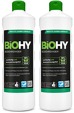 BiOHY Bodenreiniger (2 x 1 Liter) | Konzentrat für alle Reinigungsgeräte und alle Hartböden | angenehmer Geruch und streifenfreie Reinigung | ideal für Laminat, PVC & Stein | Bio Konzentrat