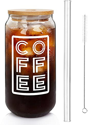 ANOTION Beer Can Shaped Glass Bamboo Cover 20 Oz Reusable Drinking Glasses Tumbler for Travel Office Home Ice Tea (Classic)