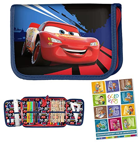 Goldkids Federtasche Cars Auto Motiv Federmappe Federmäppchen 22-teilig gefüllte Schüleretui Stifte und Pinsel inkl. Aufgabenheft Federbox Etui Stiftetasche Schlamper-Etui Schul-Etui