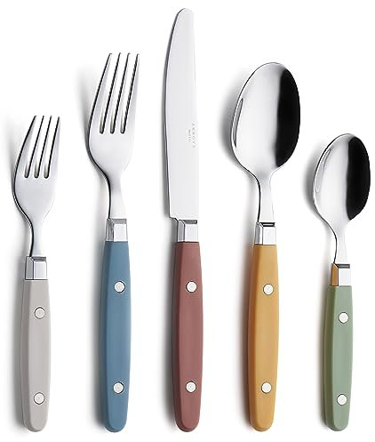 Annova, set di posate in acciaio inox con manico colorato con rivetto/posate stile retrò (Morandi Mix, 20 Pieces)