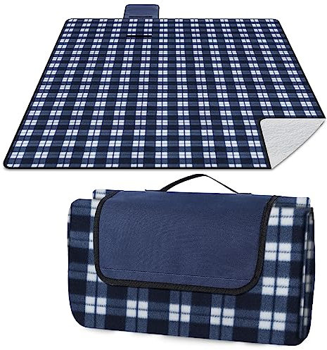 SOMLAW Picknickdecke 200x200 cm, Picknickdecke XXL mit Tragegriff, Picknick Decke Wasserdicht & Isolierte Unterseite, Picknickdecke Waschbar Picnic Blanket für 4-6 Personen (Blau Kariert)