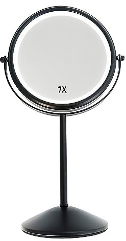 Yarhom Vergrößerungsspiegel mit Lichtern für Make-up-Schreibtisch, 1 x/10 x doppelseitiger Kosmetikspiegel, runder Tischspiegel mit Ständer (Schwarz,7X Vergrößerung,Mit Licht)