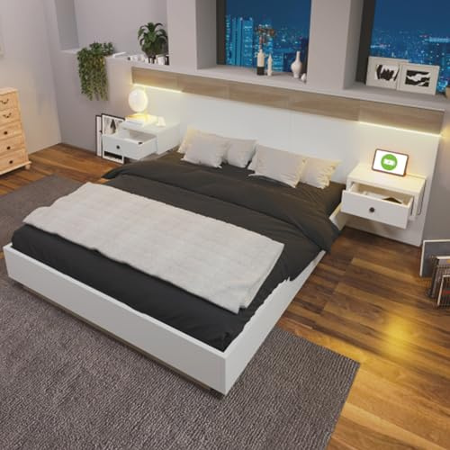 Tcewhhy Sistema De Cama De Matrimonio con 2 Mesitas De Noche LED Y Toma USB C Cama De Madera con Mesitas De Noche Cama Juvenil Cama De Invitados Juego Completo De Muebles De Dormitorio Blanco 140x200