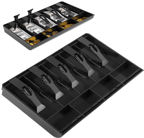 Cash Tray Cash Register Drawer Insert Tray,5 Bill & 4 Coin Compartments, Durable ABS Money Storage Case, Spring Clip Money Organizer for Banks Supermarkets Stores