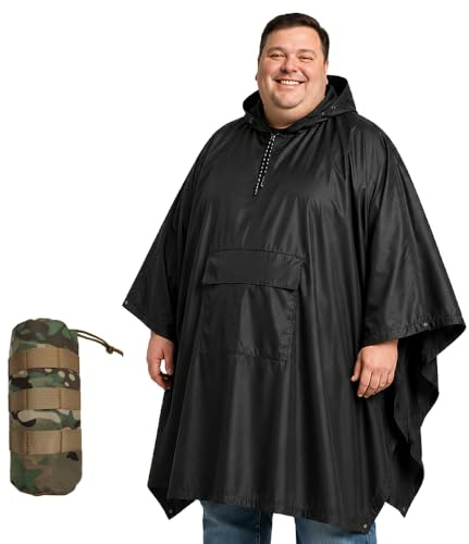 Urby Plus Size Adult Rain Poncho with Hood, Poncho Para Lluvia, Tactical Ponchos Adult For Camping, Hiking, Travel, Outdoors (Black)