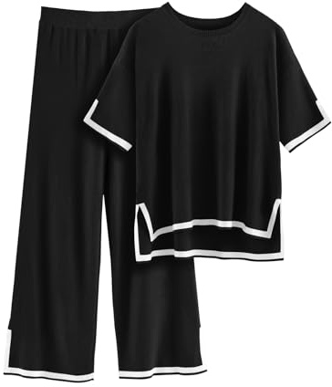 RITOSTA Conjunto Punto Mujer de Manga Corta Chandal Completo Conjunto Deportivo Chándal Vestir Dos Piezas Verano Otoño Suelto Conjunto Lana y Pantalones de Salón Conjuntos de Jersey (Negro,M)