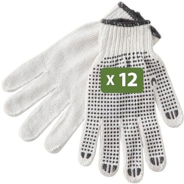 Pack and Move - Lot de 12 Paires de gants de travail déménagement - Coton et PVC antidérapant - Blanc et Noir