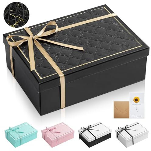 25x18x8.5cm Luxus Geschenkbox mit Deckel Falt Geschenkkartons mit Grußkarten und Schleife, Schmuck Geschenkverpackung Box für Valentinstag Geburtstage Weihnachten (Schwarz, 25x18x8.5cm)