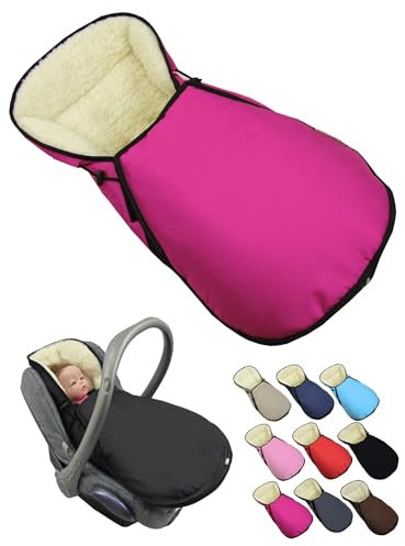 BambiniWelt Winterfußsack für Babyschale – kompatibel mit Maxi Cosi Gruppe 0+ – aus Lammwolle, verstellbar & waschbar – Fußsack für Kinderautositz mit 3-Punkt-Gurtsystem, Farbe: pink