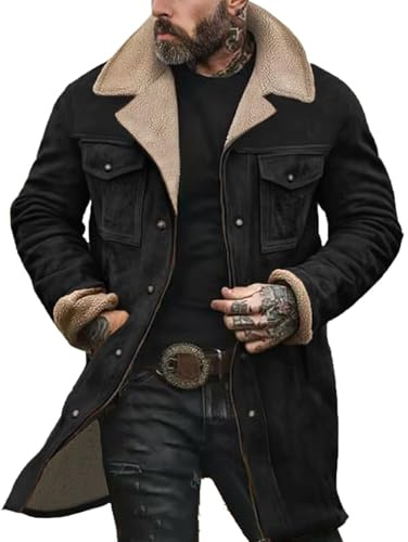 Chaqueta de ante para hombre, chaqueta de cuero, retro, para trabajo y negocios, abrigos de línea larga, impermeables, con bolsillos, color sólido, abrigo casual para exteriores, cálido para invierno