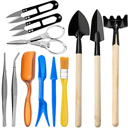 12 Pezzi Kit Strumenti Giardinaggio Mini per Piante Grasse, Bonsai Attrezzi con Forbici, Pennello, Pinzette, Rastrello, Pale e Strumenti, Utensili da Giardino per Trapianto per Casa, Ufficio