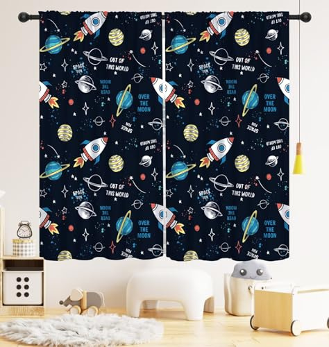 LOMADIA Space Kids Curtain,Cartoon Child Spaceman Planet Theme Blackout Curtain, Solar System Astronaut Window Treatments Drapes for Nursery Boys Girls Room Bedroom Decor 42 W x 45 L
