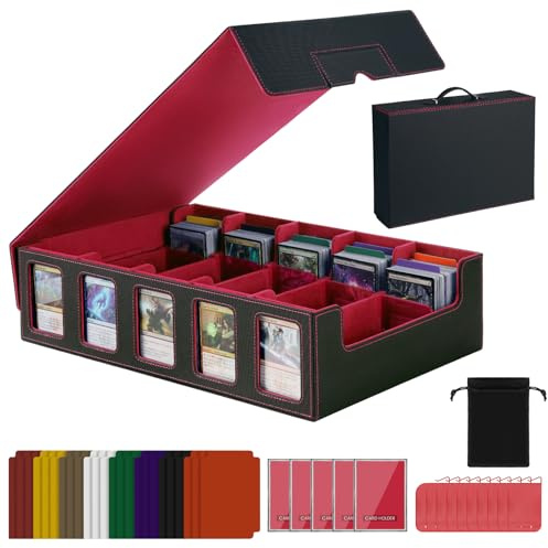 Red Trading Card Storage Box with Handle,5-Row Portable Game Case for 4000+ Cards, Leather Card Collection Case with Commander Display Window for MTG, Yugioh, and Sports Cards,Gifts for Card Collector