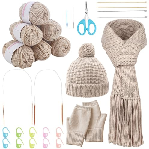 WEBEEDY Strickset Für Anfänger Erwachsene Strickstarter Kit Für Hut Schal Und Handschuhe Komplettes Anfänger Strickset Mit Wolle Stricknadeln Anleitung Zum Häkeln von Accessoires