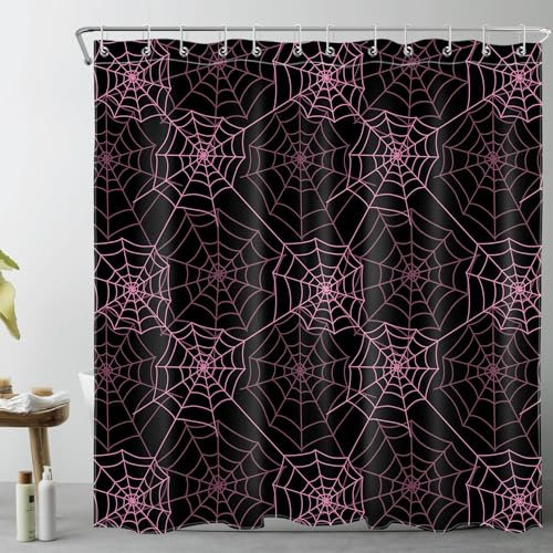 HavenCraft Rideau De Douche Halloween Rose Et Noir avec Motif Toile D'araignée 180x180cm Rideaux De Salle De Bain Gothiques Géométriques Imperméable Anti Moisissure Tissu Joli Salle De Bain Decor