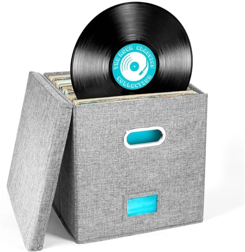 flaxarne Gris Cajas Almacenaje Decorativas Plegables de Arpillera,Cajas Almacenaje con Tapa con Capacidad para Hasta 50 Discos Individuales