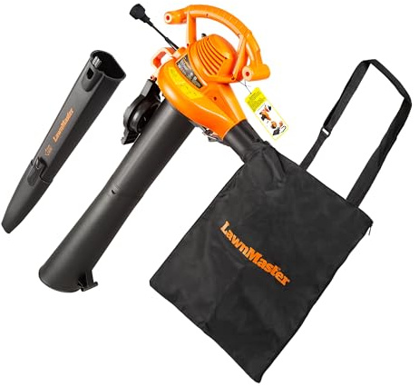 LawnMaster BV1210 Electric Blower Vacuum Mulcher 12 Amp 2-Speed Adjustment with Metal Impeller 240 MPH 380 CFM 16:1 Mulch Ratio with Collection Bag