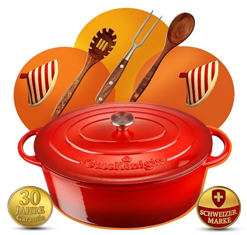 GUSSKÖNIGIN Cast Iron Roasting Dish 37 cm (XXL) - Cast Iron Pot & Casserole Dish with Lid / Cocotte - Roasting Dish & Casserole Dish with Lid Oven Safe for Induction & Oven - Includes Accessories