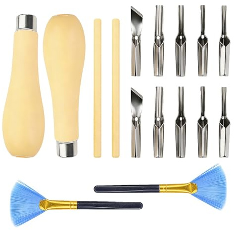 JOVIA 2 Set Lino Cutter, Engraving and Stamp Lino Cutting Tools with 2 Cleaning Brushes Non-Slip Ergonomic Handles for Linoleum Block Printing Wood Carving Stamp Carving and Craft Projects