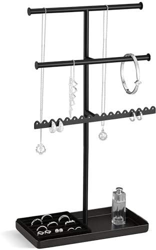 Lolalet 3 nivåer metallsmyckesställ smyckeshållare med bricka – svart | Flerstegs-smyckeshållare i metall för halsband, örhängen, armband och ringar