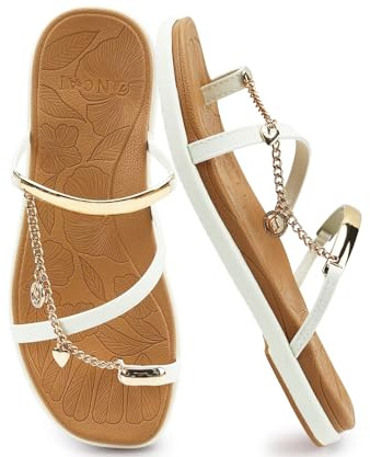 ONCAI Flat Sandals for Women with Toe-loop Square Open Toe Strappy Slide Sandal 2026 Summer Fashion Dressy Slip on White/Khaki Size 7 Casual Beach Lightweight Outdoor Ladies Slides Shoes