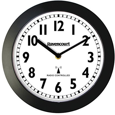 Ravencourt Radio Controlled Analogue Clock ¦ For Schools, Hospitals, Offices And Homes ¦ High Contrast Numbers ¦ Battery Powered ¦ Black Rim With White Face ¦ Large - 46cm face