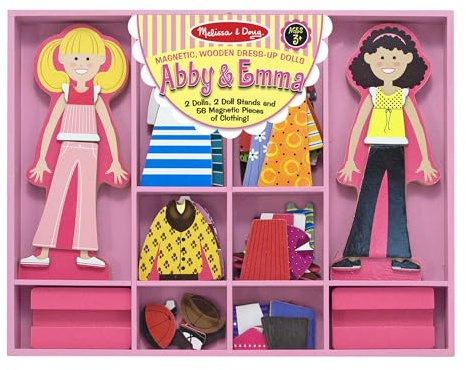 Melissa & Doug - Juego Magnético de Madera Viste a Abby y Emma, 56 Piezas de Ropa y Complementos + 2 Muñecas - 6075162 - Juguetes Niñas 3 años + Regalo Niña 3 años + - Juego Educativo