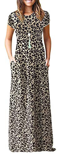 AUSELILY Femmes Maxi Robe Madame Manches Courtes été Casual Longue Robe avec Poches Léopard l