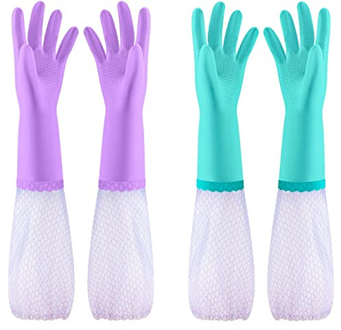 Elgood 2 Paar Wiederverwendbare Haushaltshandschuhe, latexfreie, mit Baumwolle gefütterte Putzhandschuhe, Gummihandschuhe für Küche, Geschirrspülen, Reinigen (Lila + Blau, Langarm groß)