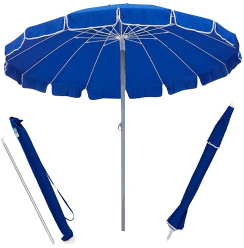 BAKAJI Ombrellone Antivento da Mare Spiaggia Giardino Diametro 220 cm con Palo in Alluminio 32mm Struttura a 16 Stecche in Fibra di Vetro e Rivestimento in Tessuto Poliestere 200g Anti UV (Blu)