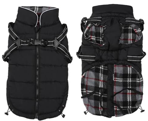 Pethiy -Super Warm Hunde wintermäntel mit Geschirr, Hundejacke mit Innenfleece, wasserdichte Kleine Hundemantel Winterweste Hundepullover mit Brust Gurt fur Haustier -Schwarz-S