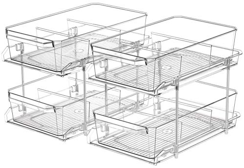 2 Set, 2 Tier Clear Organizer with Dividers for Cabinet, Shlef, Counter - MultiUse Slide-Out Storage Container - Kitchen, Pantry, Medicine Cupboard Bins, Bathroom, Vanity Makeup, Under Sink Organizing