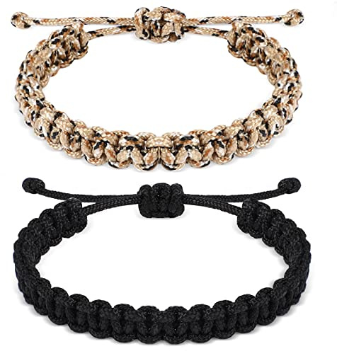 Inbagi Paracord Bracelet for Boys Men Paracord Survivor Bracelets for Teens, Handmade Braided Bracelets, Adjustable, 2 Colors(Black, Camo)