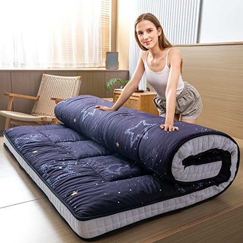 MAXYOYO Matelas futon, Matelas de Sol Japonais rembourré surmatelas matelassé, lit d'invité Respirant au Sol (Lune et Étoiles, 90x190 cm)