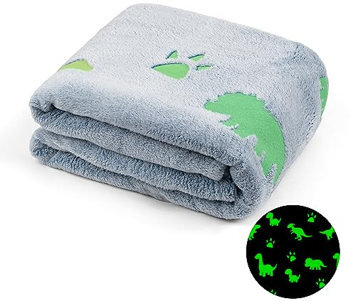Winthome Glow in Dark Blanket, Soft Flannel Fleece Stars Blanket,All Season Throw Blanket for Kids (Blue Dinosaur, 130x170cm)