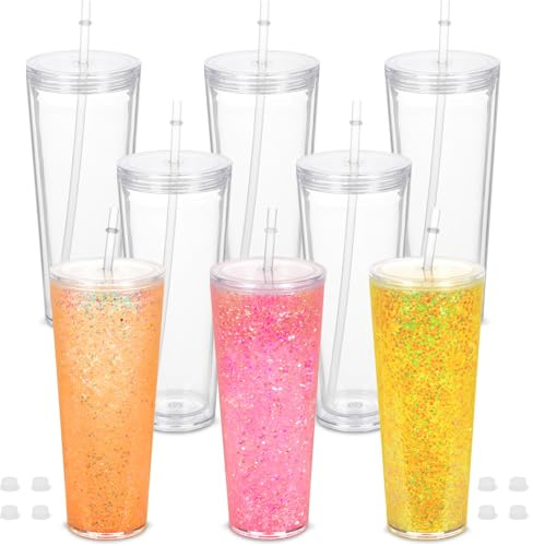 Micellwuu 8-pack 24 oz snöglob tumlare, dubbelvägg akryl snöglob kopp med förborrat hål, lock, sugrör och plugg, återanvändbar klar plastbehållare för snöglob glitter gör-det-själv