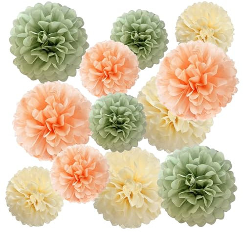 ZOOYOO Sage Green and Pink Cream Party Decoration - Green and Peach Tissue Paper Pom Poms for Bridal Shower, Birthday, Anniversary - 12PCS