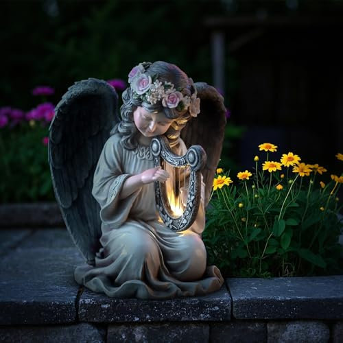 Tuzsocr Statue du Jardin des Anges, Figurine D'ange Priant, Sculpture Ange Gardien avec Lampe LED Solaire, Auto-on, Ange Tombe pour Terrasse, Pelouse, Cour, Pendaison de crémaillère, Funèbre (Style 2)
