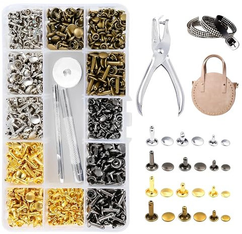 360 Leather Rivets Set, 3 Sizes Double Cap Tubular Rivets Metal Rivet Kit with Punch Tool and Fixing Tool Replacement Repair Kit for DIY Leather Craft Repairs Decoration