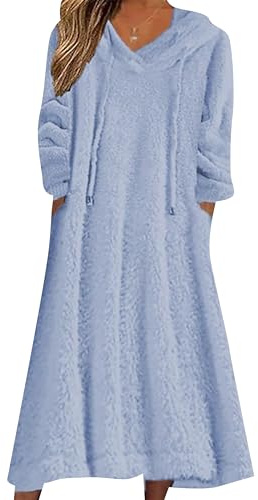 ZICUE Donna Autunno Inverno Loungewear Caldo Fuzzy Fleece con Cappuccio Abito Lungo Plus Size Sherpa Abito A Maniche Lunghe Blu XXL