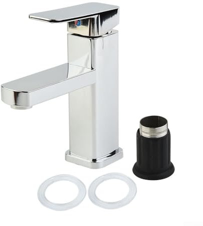 ZMdooreasy Robinet de lavabo carré moderne, mitigeur robinet de salle de bain à poignée unique contrôle de l'eau froide chaude acier inoxydable finition argent 170 mm bec cascade design