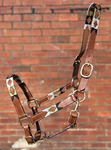 Argentina Polo Leather Horse Headcollar Halter, Embroidered Design, Brass Fittings, Newmarket Tan (Full)